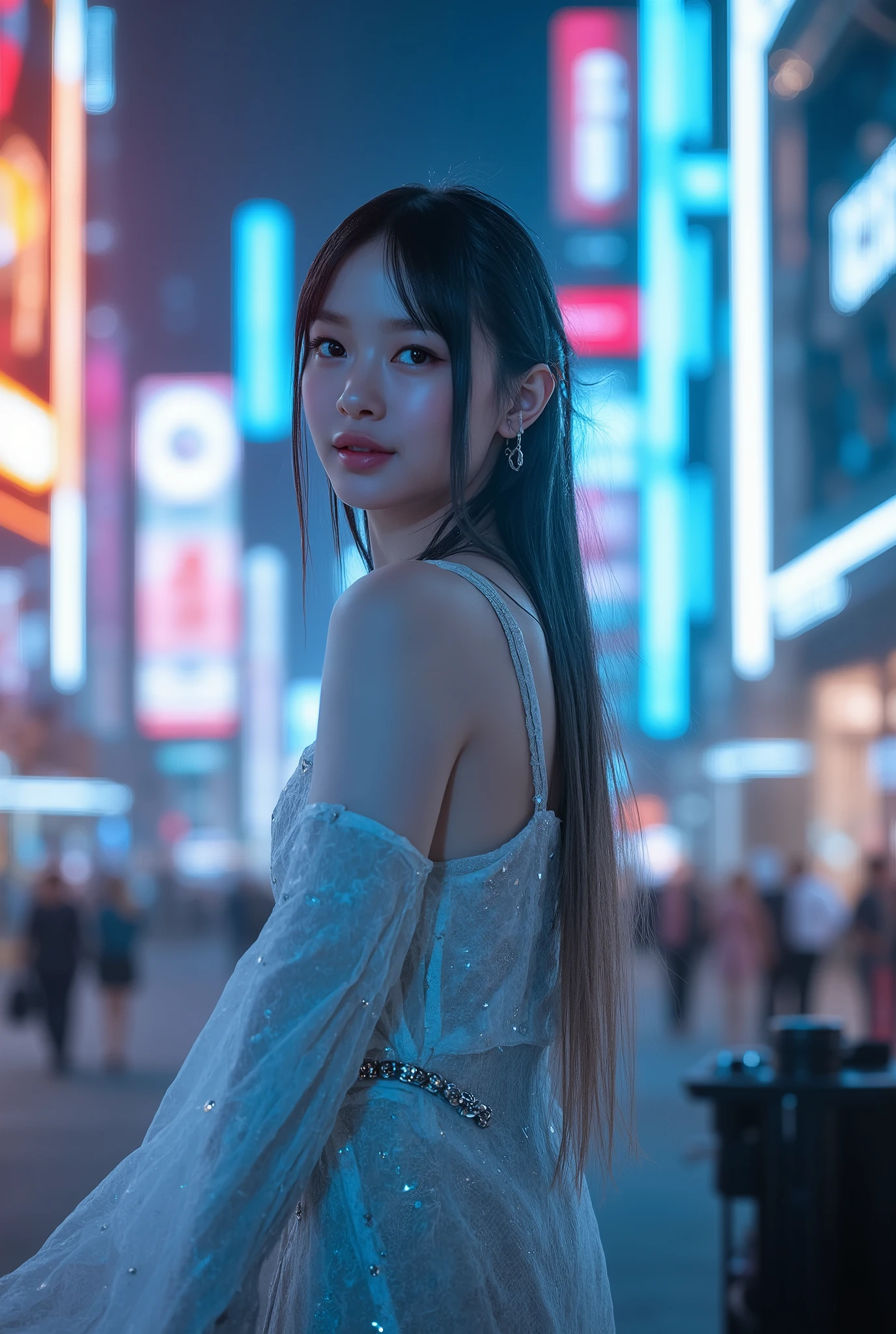 editorial photography,super detailed background,Super realistic,double exposure,depth of field,beauty super slender skinny vides,soft_focus tone,narrative scene,full-body_shot,oriental superstarcyberpunk,Nighttime entertainment district illuminated with neon lights, happy, smiling expression on face