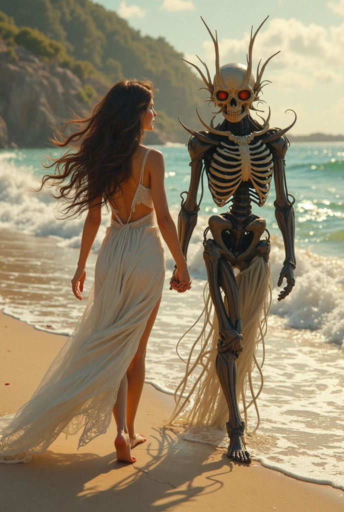 The beach is almost deserted, except for the two skeletons who are holding hands, watching the sunset. The dark clouds approach quickly, bringing the promise of a violent storm. The skeletons remain together, facing the end of the day with courage. --auto --s2