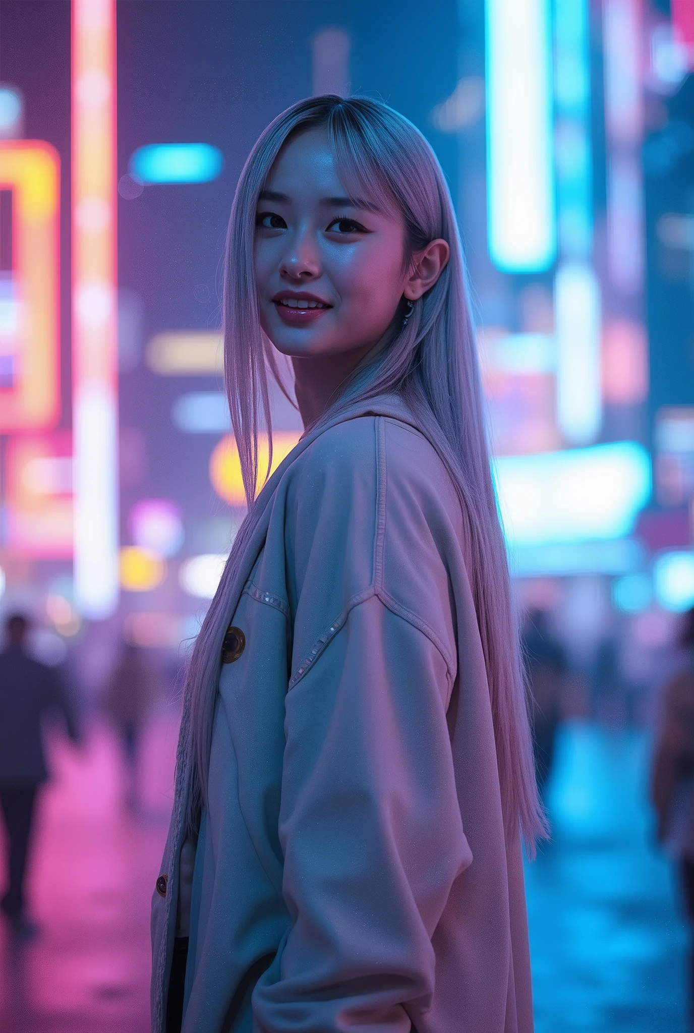 editorial photography,super detailed background,Super realistic,double exposure,depth of field,beauty super slender skinny vides,soft_focus tone,narrative scene,full-body_shot,oriental superstarcyberpunk,Nighttime entertainment district illuminated with neon lights, happy, smiling expression on face