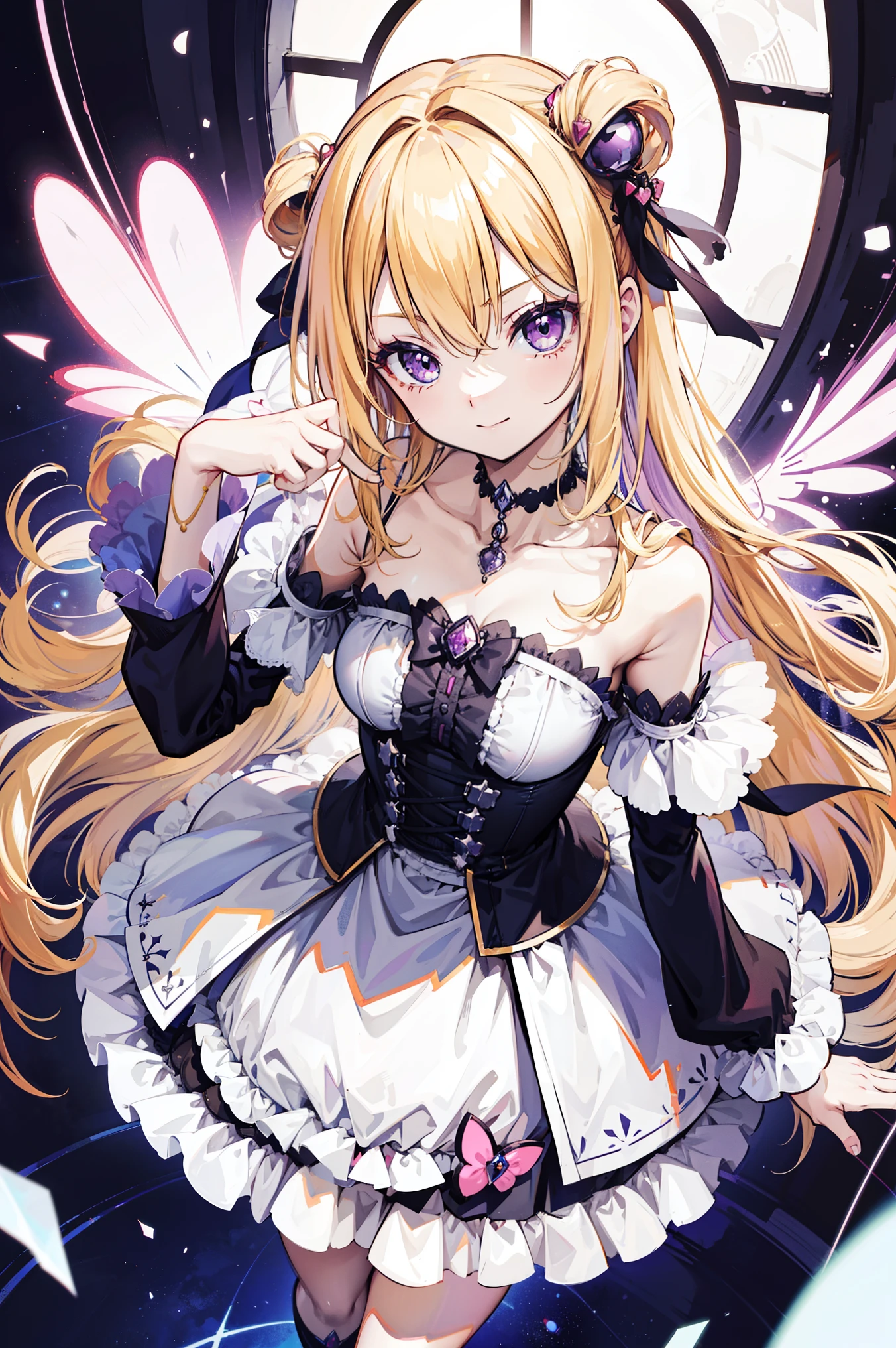 Cute magical girl , ( Double Bomb , Brant Bang, straight blond hair ), Smile, compensate, purple eyes, small , Small curve body,mischievous posture,white gothic bear top dress , choker, hands raised above head ,, (super precise, Absolute determination, best quality:1.3), 2.5D, Delicate and dynamic , Art photos, super realistic , graphic CG digital cartoon style art