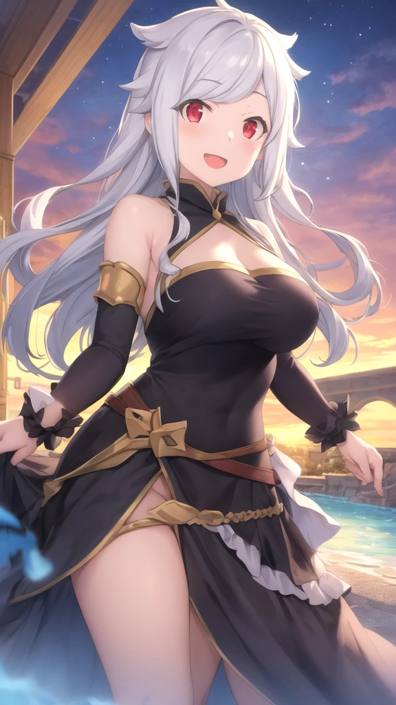 (dynamic angle:1.3, front view:1.1, breast focus:1.3, from below:1.2), (dynamic posing:1.5, sexy posing:1.2, leaning forward), (seductive smiling:1.3),(*K) HD, highest quality, Anime style beutiful woman, 1girl,fullbody, happy, (with sparkling eyes and a contagious smile:1.2), red face, closed mouth, beautiful detailed eyes, super detailed skin, backlighting, bare shoulders, black background, black dress, black gloves, silver hair, breasts, dress, earrings, fingerless gloves, floating hair, floral print, flower, gloves, gold earrings, gold hairband, hair flower, hair ornament, hairband, holding, holding two-hands weapon, jewelry, medium breasts, long hair, looking at viewer, off-shoulder dress, off shoulder,red eyes, short hair with long locks, sidelocks, solo, spikes, thighs, two-sided dress, two-sided fabric, weapon, fighting stance , face, close up, from above, highest quality, high resolution,Real World, Natural light,perfect Natural light,looking at viewer,