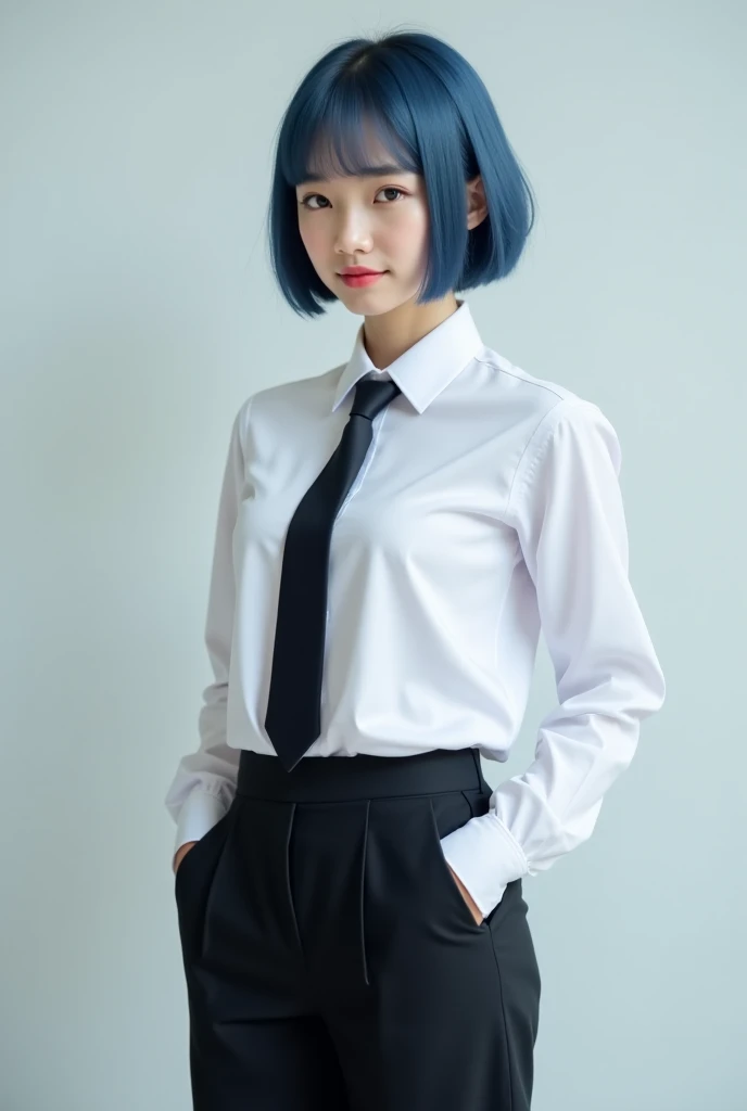 (best qualtiy,4K,tmasterpiece:1.2),Pretty women,1girll,Raised sexy:1.1,lightblue hair:1.1,Woman in school uniform,Soaked school clothes,Super detailed face,Detailed lips,A detailed eye,二重まぶた,Blue mini skirt white stockings,Stand up