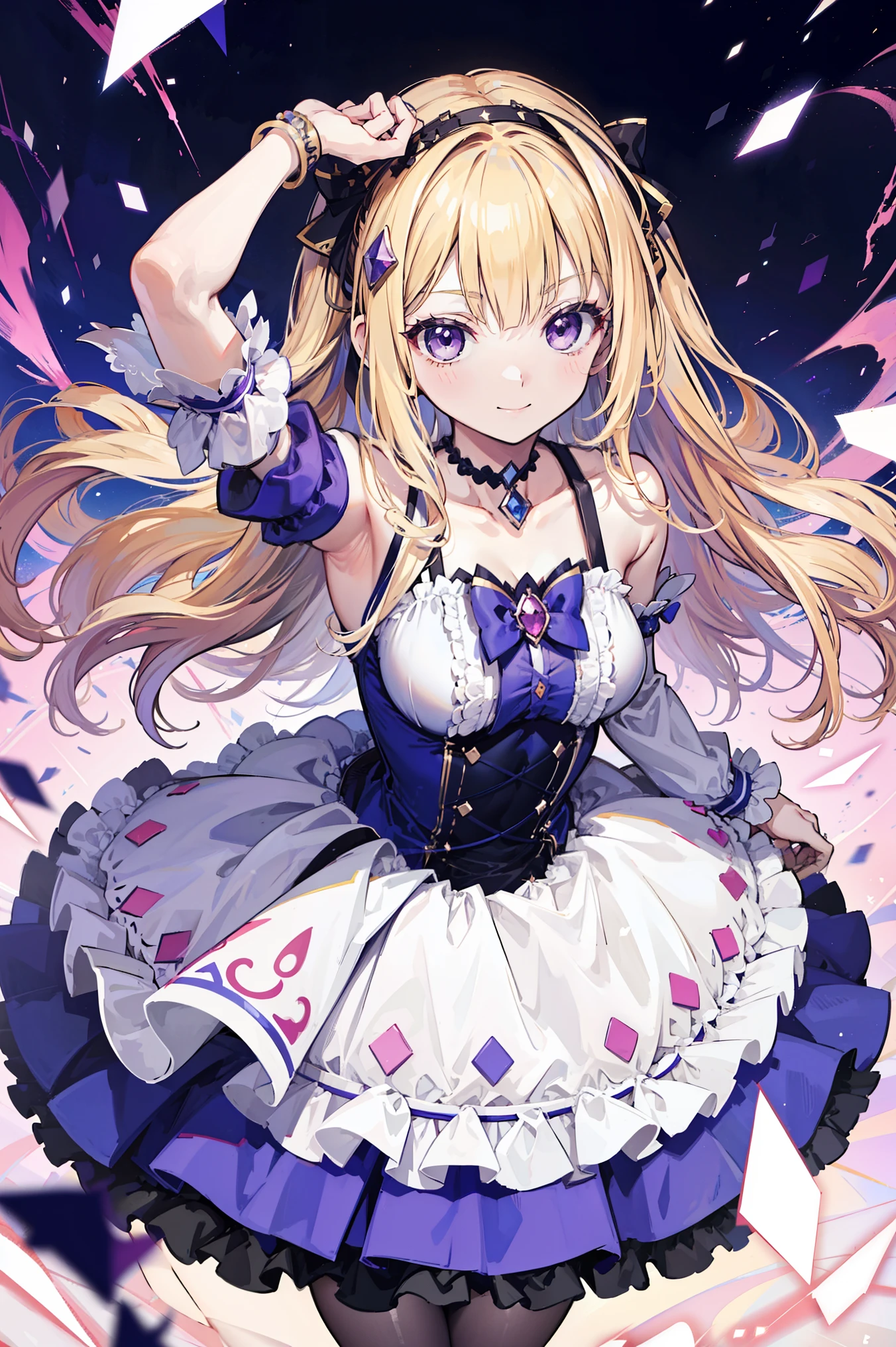 Cute magical girl , ( Double Bomb , Brant Bang, straight blond hair ), Smile, compensate, purple eyes, small , Small curve body,dynamic perspective,mischievous posture, a dress blown by the wind,white gothic bear top dress , choker, hands raised above head ,, (super precise, Absolute determination, best quality:1.3), 2.5D, Delicate and dynamic , Art photos, super realistic , graphic CG digital cartoon style art