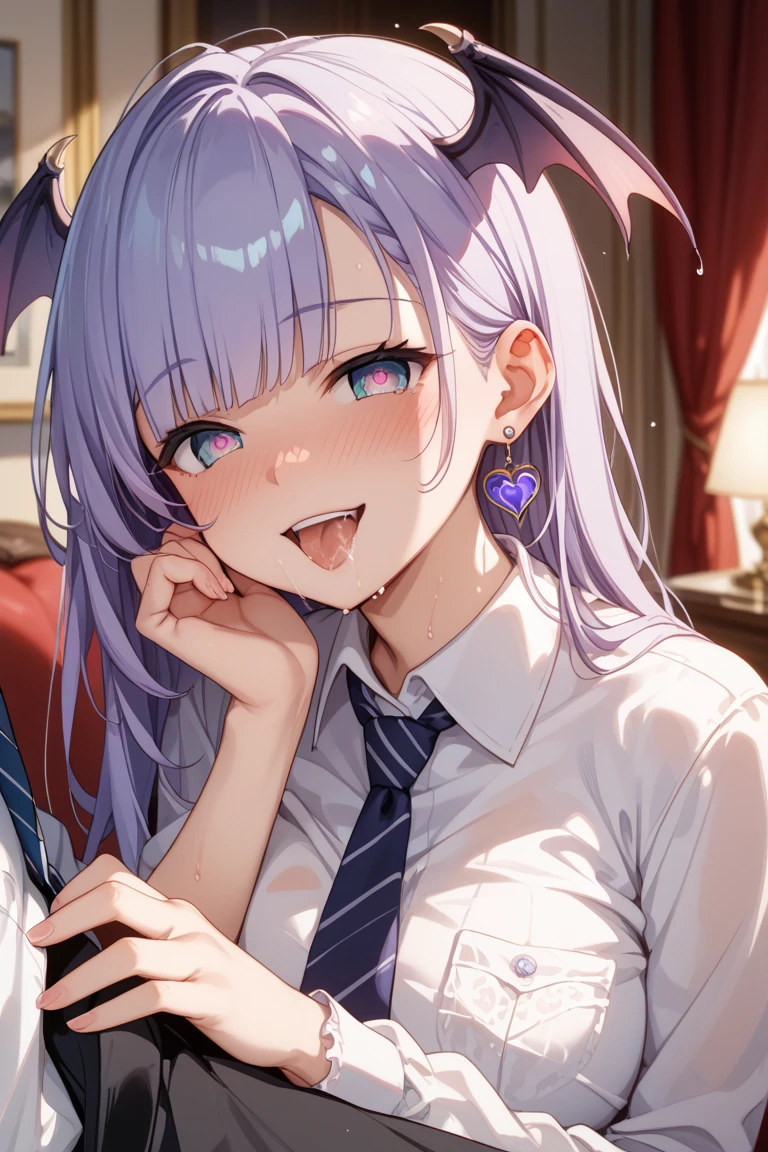 ((masterpiece,best quality)), high resolution, ultra detailed,8k,16k,detailed background, perfect lighting,detailed beautiful eyes, 1girl,solo,nsfw,embarrassed,blush,breath,look at viewer,saliva trail,half-closed eyes,(happy smile,steam,sweat:1.2),(oral,screaming,show mouth:1.4),ahegao,seductive eyes,face focus,(from front),(from above:1.4),chin up,kneeling,be breathless,fisheye lens,stick tongue out,portrait ,MejiroMcQueen,purple eyes,light purple hair,short body,pale skin,small breast,house,(flat anime style),long hair,skinny,city,white shirt,black jacket,black skirt,horse ear