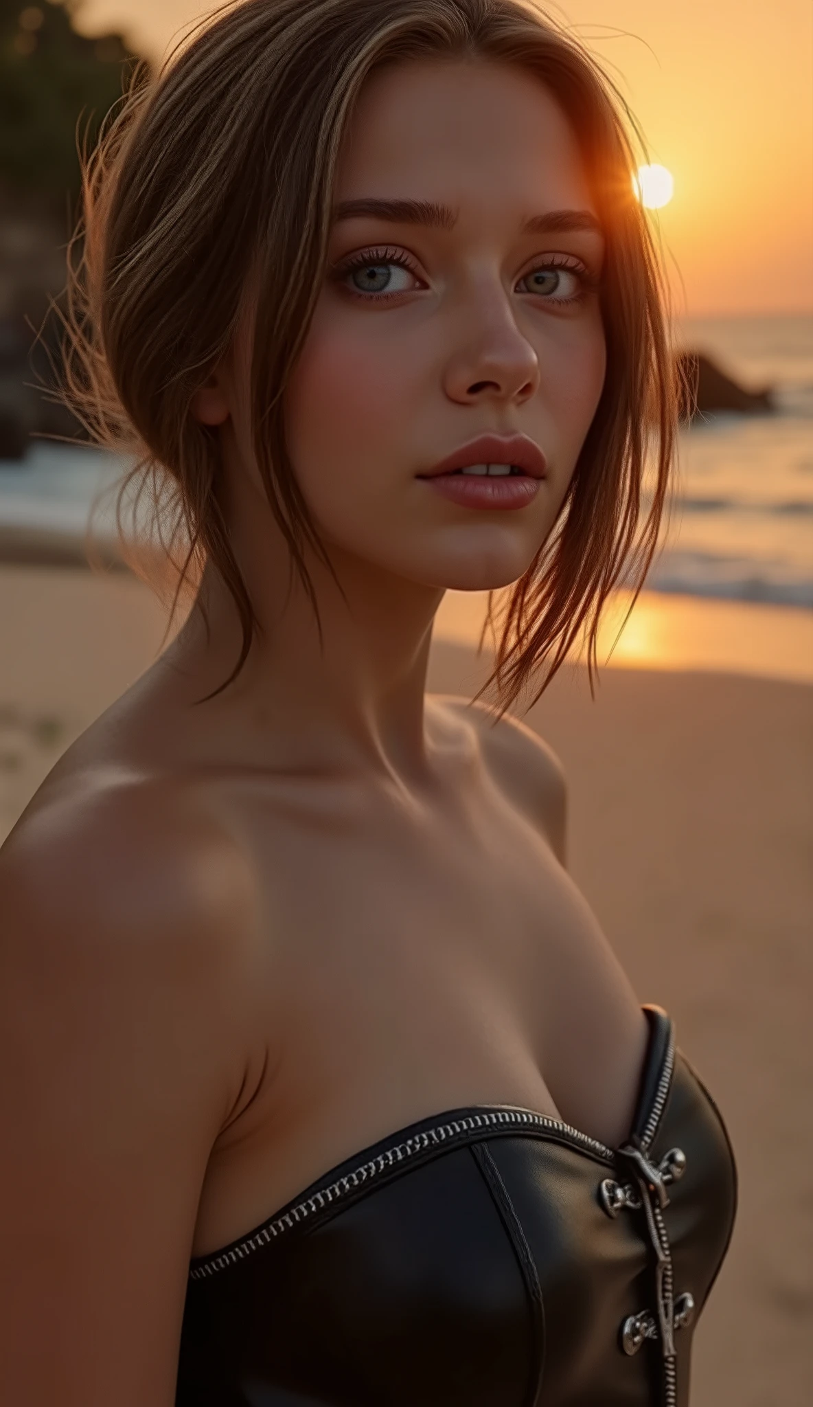 🌟 quality & silent: whole head down to below the chest, three sided view, masterpiece, 8k, ultra high resolution, hyperrealistic, very detailed, natural lighting, SLR lighting, SLR camera , Fujifilm XT3, film grain, Sharp concentration, perfect lighting. 🌌 Scene & background: different backgrounds: A romantic sunset on the beach, with warm,  golden hues . A dark, mysterious forest with moonlight, that falls through the trees. A luxurious Bedroom with candlelight and silky curtains. Ein urbaner background mit Neonlichtern und regennassen Straßen. 😈 model & Styling:  wild girl, black short hair, different hairstyles such as ahoge, quin tails, tri tails, pixie cut, expressive hair, single sidelock, hair pulled back, french braid, blunt bangs, streaked hair, flattop , which in various Poses fall loose or styled are,  and bright blue eyes , glowing blue eyes,  She is wearing a lightweight , leather corset with deep neckline. 🔥 Pose & Mood: Different sensual facial expressions:  she looks directly at the camera , with a seductive smile and half-closed eyes. She opens her lips slightly, with a playful and tempting look. She tilts her head slightly to the side, with a dreamy and sensual expression. She looks over her shoulder, with a mysterious and intense look. Die Mood ist sinnlich, seductive and full of emotions. 💋 