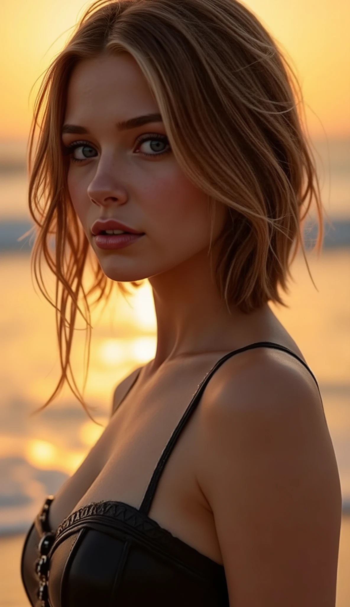 🌟 quality & silent: whole head down to below the chest, three sided view, masterpiece, 8k, ultra high resolution, hyperrealistic, very detailed, natural lighting, SLR lighting, SLR camera , Fujifilm XT3, film grain, Sharp concentration, perfect lighting. 🌌 Scene & background: different backgrounds: A romantic sunset on the beach, with warm, golden hues . A dark, mysterious forest with moonlight, that falls through the trees. A luxurious Bedroom with candlelight and silky curtains. Ein urbaner background mit Neonlichtern und regennassen Straßen. 😈 model & Styling: wild girl, black short hair, different hairstyles such as ahoge, quin tails, tri tails, pixie cut, expressive hair, single sidelock, hair pulled back, french braid, blunt bangs, streaked hair, flattop , which in various Poses fall loose or styled are, and bright blue eyes , glowing blue eyes, She is wearing a lightweight , leather corset with deep neckline. 🔥 Pose & Mood: Different sensual facial expressions: she looks directly at the camera , with a seductive smile and half-closed eyes. She opens her lips slightly, with a playful and tempting look. She tilts her head slightly to the side, with a dreamy and sensual expression. She looks over her shoulder, with a mysterious and intense look. Die Mood ist sinnlich, seductive and full of emotions. 💋