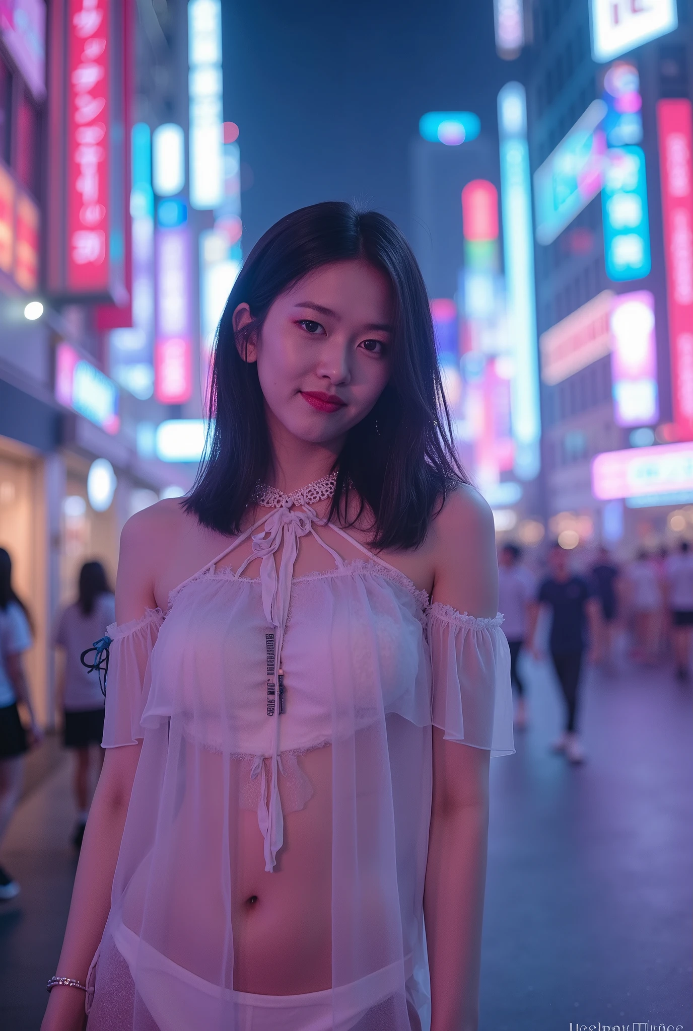 editorial photography,super detailed background,Super realistic,double exposure,depth of field,beauty super slender skinny vides,soft_focus tone,narrative scene,full-body_shot,oriental superstarcyberpunk,Nighttime entertainment district illuminated with neon lights, happy, smiling expression on face
