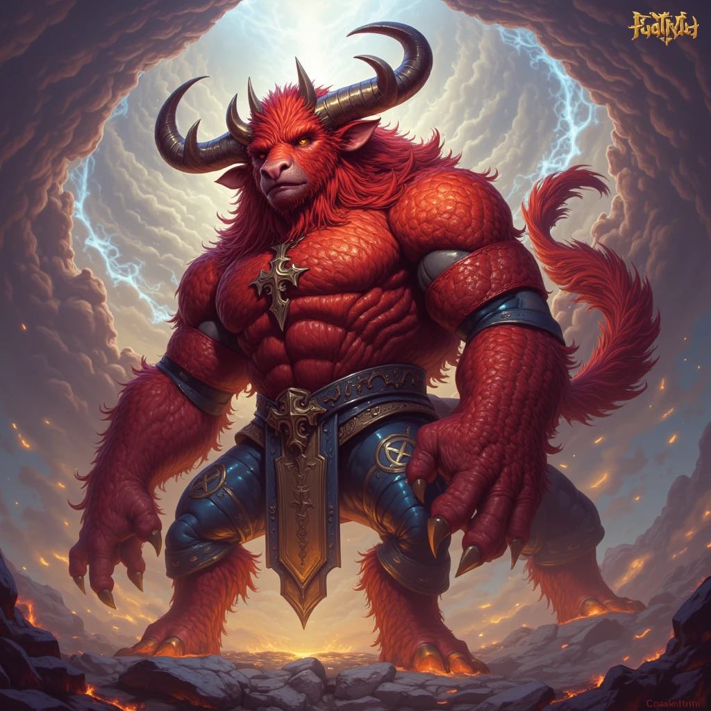 ultra-detailed, masterpiece, masterwork, high quality, best quality, hdr, posted on e621, (by hioshiru), nsfw, male, solo, (red little body minotaur), hairy dragon, (long silver hair, yellow eyes, detailed eyes, white chubby body, fat), standing, (nude, foreskin, balls), front view, dynamic angle