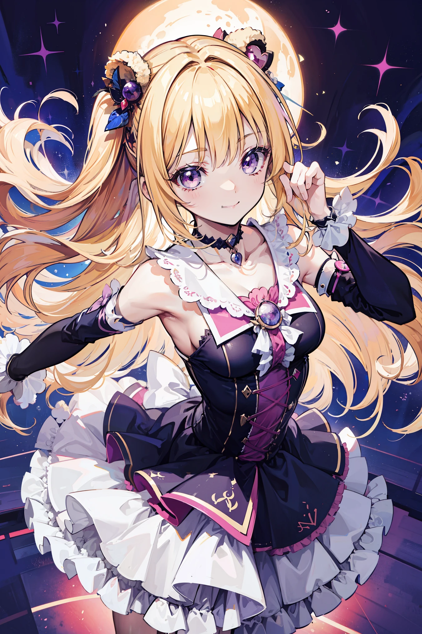 Cute magical girl , ( Double Bomb , Brant Bang, straight blond hair ), Smile, compensate, purple eyes, small , Small Curvy Body,dynamic perspective,mischievous posture, a dress blown by the wind,white gothic bear top dress , choker, hands raised above head ,, (super precise, Absolute determination, best quality:1.3), 2.5D, Delicate and dynamic , Art photos, super realistic , graphic CG digital cartoon style art
