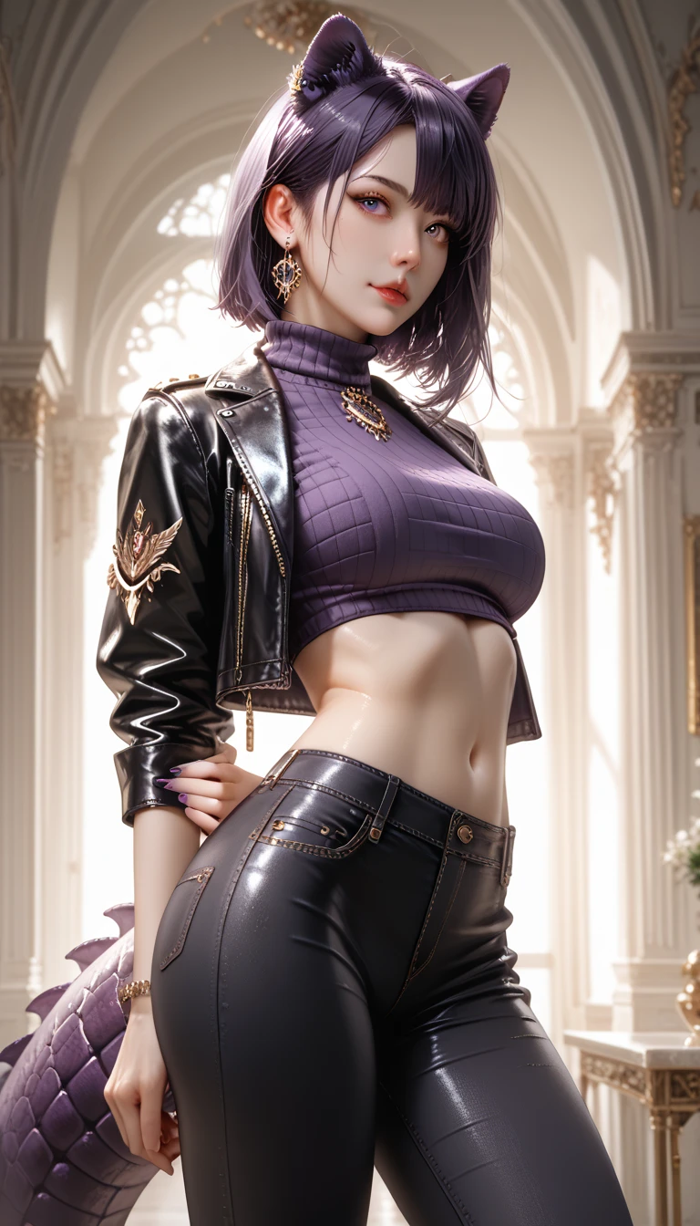 a woman in lavender shorts posing on a blue floor, in the style of layered mesh, modern and contemporary fashion design, made of crystals, tomàs barceló, light purple and light indigo, deconstructed tailoring, bright luster --ar 85:128 --s 250