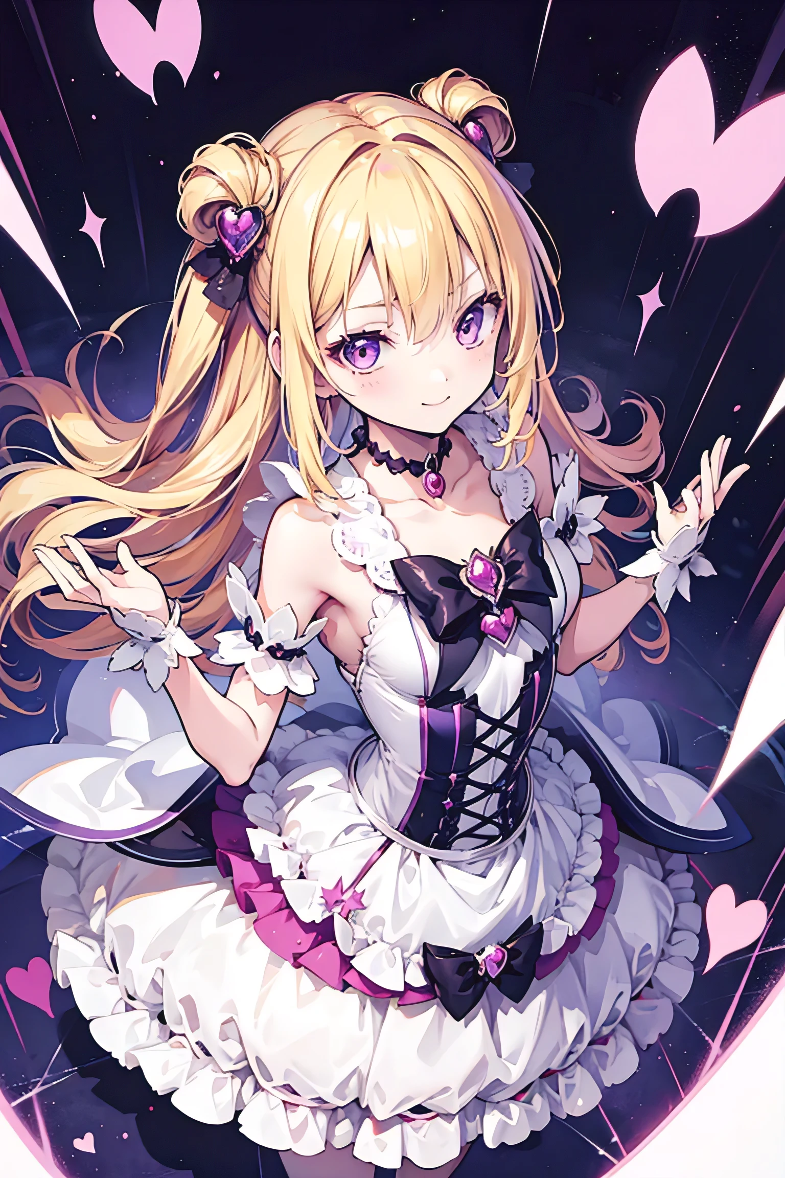 Cute magical girl , ( Double Bomb , Brant Bang, straight blond hair ), Smile, compensate, purple eyes, small , Small curve body,mischievous posture,white gothic bear top dress , choker, hands raised above head ,, (super precise, Absolute determination, best quality:1.3), 2.5D, Delicate and dynamic , Art photos, super realistic , graphic CG digital cartoon style art