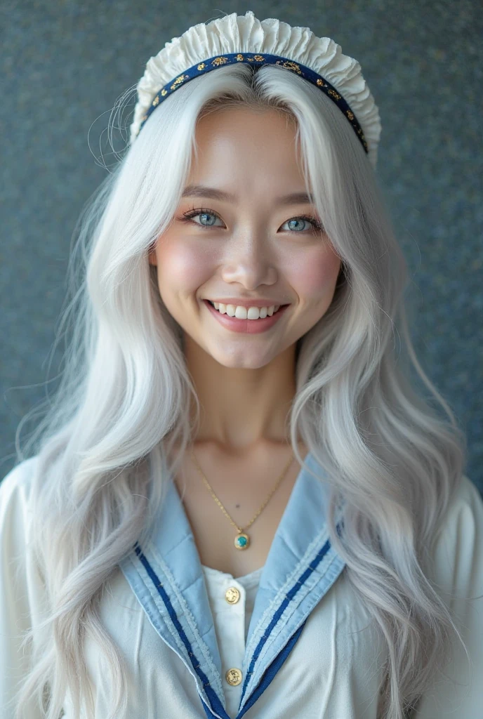 has a beautiful appearance and silky, beautiful silver hair、A woman with white, smooth skin and eyes that shine like blue jewels、A woman with eyes shining like blue jewels　sailor suit　headband　Smile　standing up picture, classroom　takes a picture of the whole body