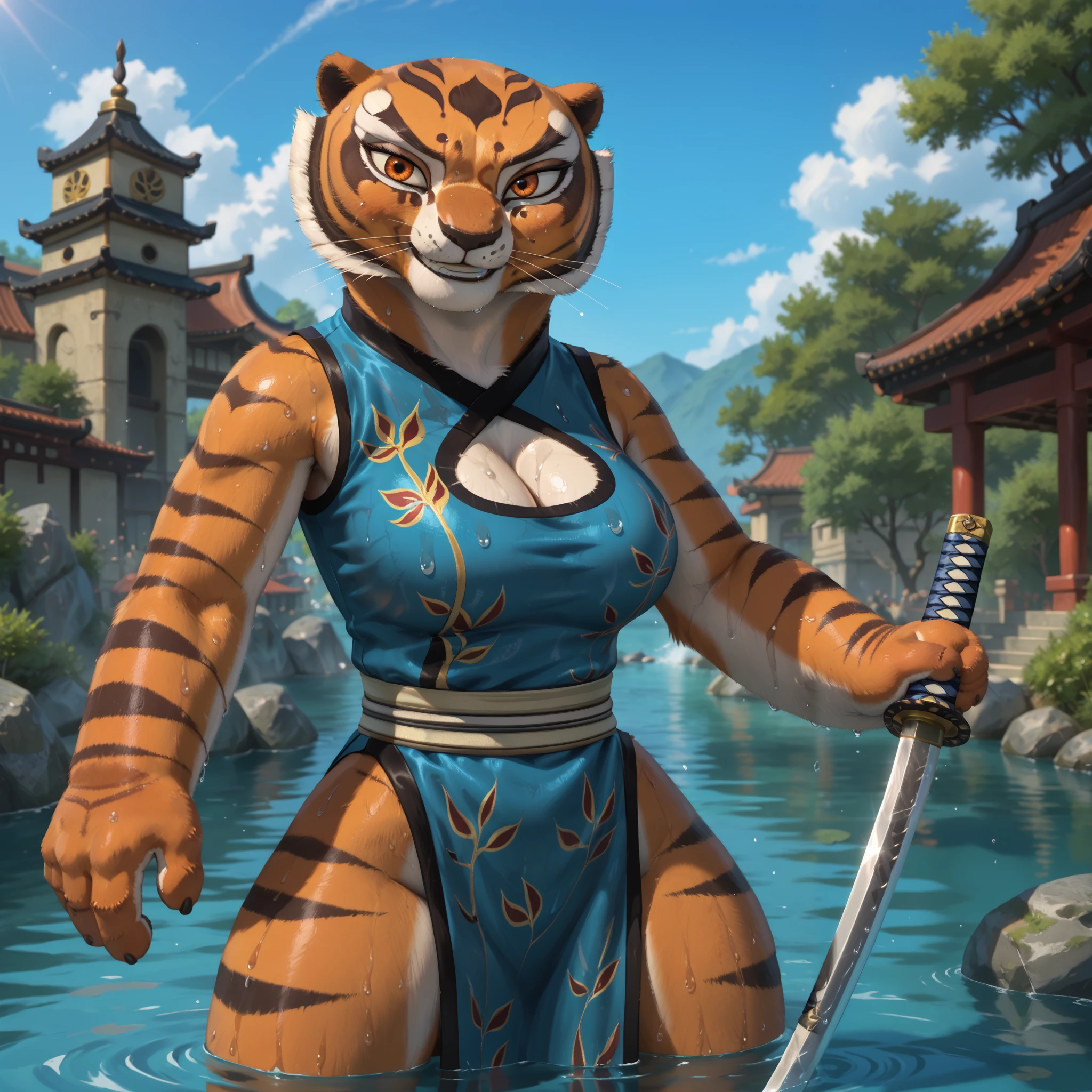 score_9, score_8_up, score_7_up, source_anime, source_furry, (beautiful, detailed background, digital artwork, digital art, well shaded artwork, depth, detailed artwork)1.2, 1girl, female, furry, anthro, Master tigress (Kung fu panda), Anthro tiger, detailed fluffy fur, bald, large expressive eyes, (detailed orange eyes, black pupils)1.2, goth girl, heavy eye makeup, black eyeliner, black mascara, black lipstick, (((massive bust))), bulging breasts, wide hips, (((thick thighs))), standing, arched back, closeup++, facing viewer, temple setting, outside, blue sky, day time, big black collar, sweat, smirking, tiny waist, teal bodycon maxi dress, teal tube dress, short dress, cleavage cutout, standing in water, wet clothes, holding katana, (((large katana))), teal katana handle, fighting stance