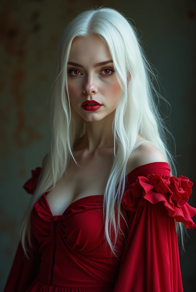 I want to create the image of a girl 1m tall.60 with body measurements of 100/60/95, white hair and red eyes, with some freckles and very light skin tone, slightly long red nails.
Dressed in a tight red dress and black high heels