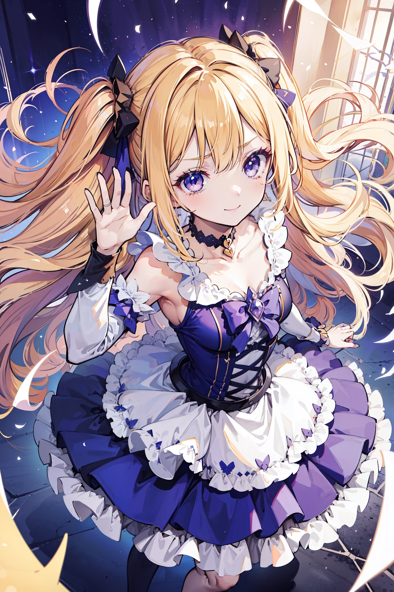 Cute magical girl , ( Double Bomb , Brant Bang, straight blond hair ), Smile, compensate, purple eyes, small , Small curve body,dynamic perspective,mischievous posture, a dress blown by the wind,white gothic bear top dress , choker, hands raised above head ,, (super precise, Absolute determination, best quality:1.3), 2.5D, Delicate and dynamic , Art photos, super realistic , graphic CG digital cartoon style art
