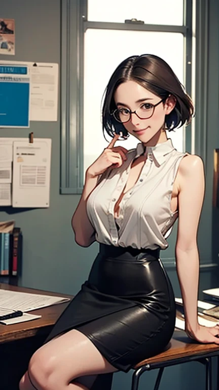 (style of François Schuiten:1.5),  Japanese Manga Artist (Late 20th to Early 21st Century): A (Exquisite toothsome young woman with Full Breasts and Busty body feeling Hungry:1.3) with black hair in a pixie cut, dark brown eyes, pale skin, petite, wearing casual, comfort-oriented (work clothes:1.2), often short, with a fabric apron full of pencils and markers, (glasses:1.1). She is nestled in a brightly lit studio, adorned with anime posters, colorful LED lights, piles of manga magazines, a digital drawing tablet, pens, sketchbooks, and inspirational figurines. The ambiance is creative and energetic.