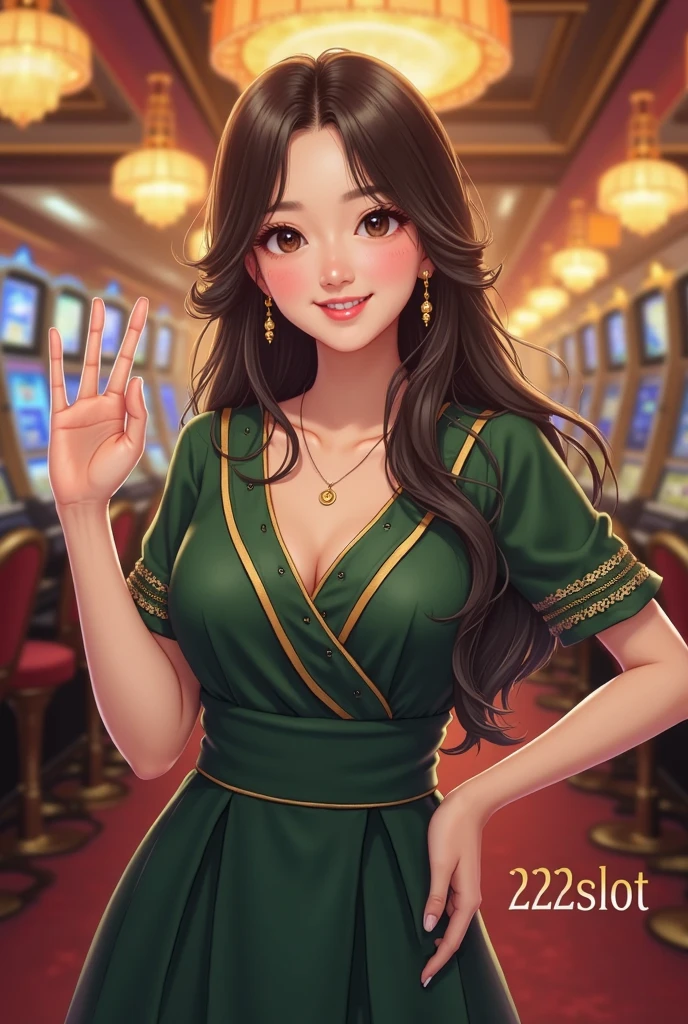 Brunette woman doll in casino taking photos