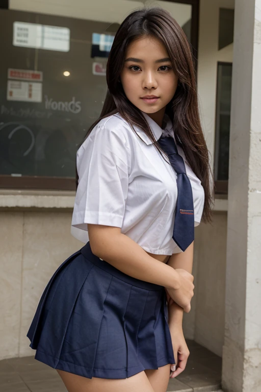 Thai girl, ponytail, white collar shirt, long sleeve shirt, necktie, pleated skirt, dark blue long skirt, white socks, black loafers, Thighs look good.., squatting, Turn your legs to the side.
