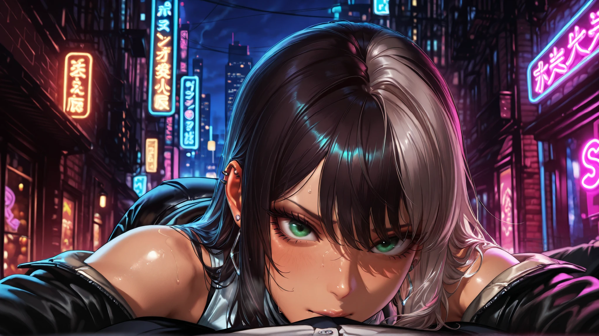 A captivating anime-style male character. Windswept dark hair falls. Piercing green eyes gleam. Calm, mysterious expression. Soft glow of neon lights. Shadows play on his face. City skyline stretches behind. Neon blues and purples flicker. Golden streetlights glow gently. Dreamlike atmosphere, deep mood. Cool breeze moves his jacket. Silver accents shimmer brightly. Modern, sleek fashion. Quiet intensity radiates. Detailed 8K quality. 16:9 aspect ratio. Ultra-crisp textures. Cinematic lighting effect, detailed 8k quality, detailed 16:9 aspect ratio, Detailed Man, Detailed Male, Detailed Handsome Male