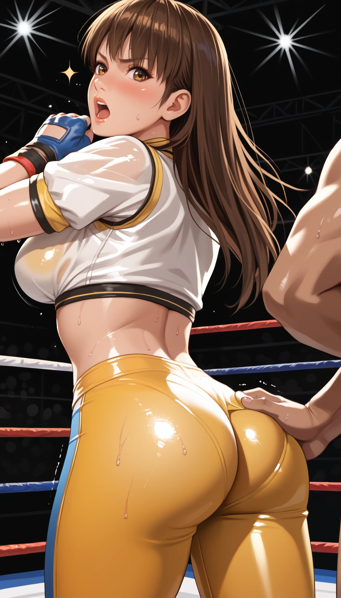 LeiFangDOA, brown hair, (long brown straight hair:1.5), shiny crop top, undressing shiny yellow leggings:1.5, short sleeves, fingerless gloves, breasts, looking back, armpits, gasp, be breathless, sweat, sparkling sweat, trembling, brown eyes, breasts, [[angry]], blush, {anguish}, {{shameful}}, wrestling ring, from behind, man grabbing ass, nsfw, bare ass:1.7, ass crack,