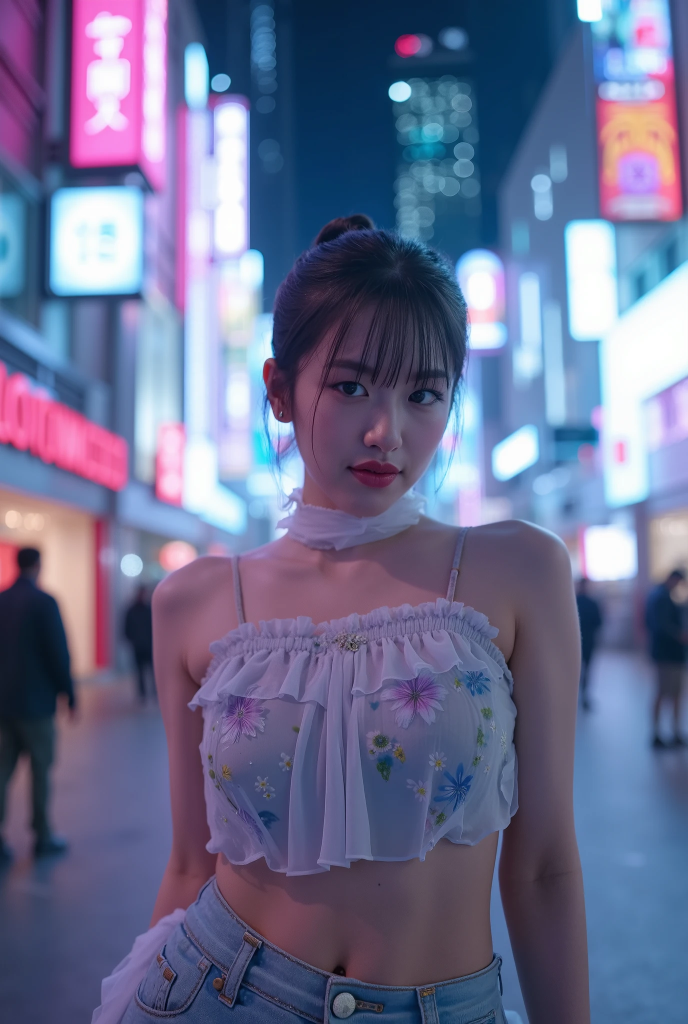editorial photography,super detailed background,Super realistic,double exposure,depth of field,beauty super slender skinny vides,soft_focus tone,narrative scene,full-body_shot,oriental superstarcyberpunk,Nighttime entertainment district illuminated with neon lights, happy, smiling expression on face