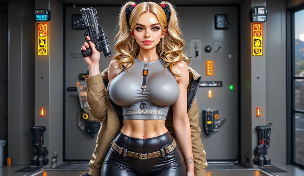 (2girls), ((((giantess:1.5)))), (A dynamic pose of a stunning beautiful Savannah Bond and Brandi Love), in focus, photo, (photorealistic), (full body shot), wide angle, face in frame, looking at camera, eye contact, seductive, ((black latex catsuit unzipped to show cleavage)), (huge boobs:1.7), huge cleavage, athletic build, lip fillers:1.8, silicone lips:1.8, red lipstick, blonde hair in a messy bun, detailed face, detailed body, detailed muscles, flawless skin, smooth skin, blemish-free skin, hdr, 8k, best quality, detailed, hyper details, cinematic, insane details, intricate details, hyperdetailed, golden hour, accurate hands, accurate fingers