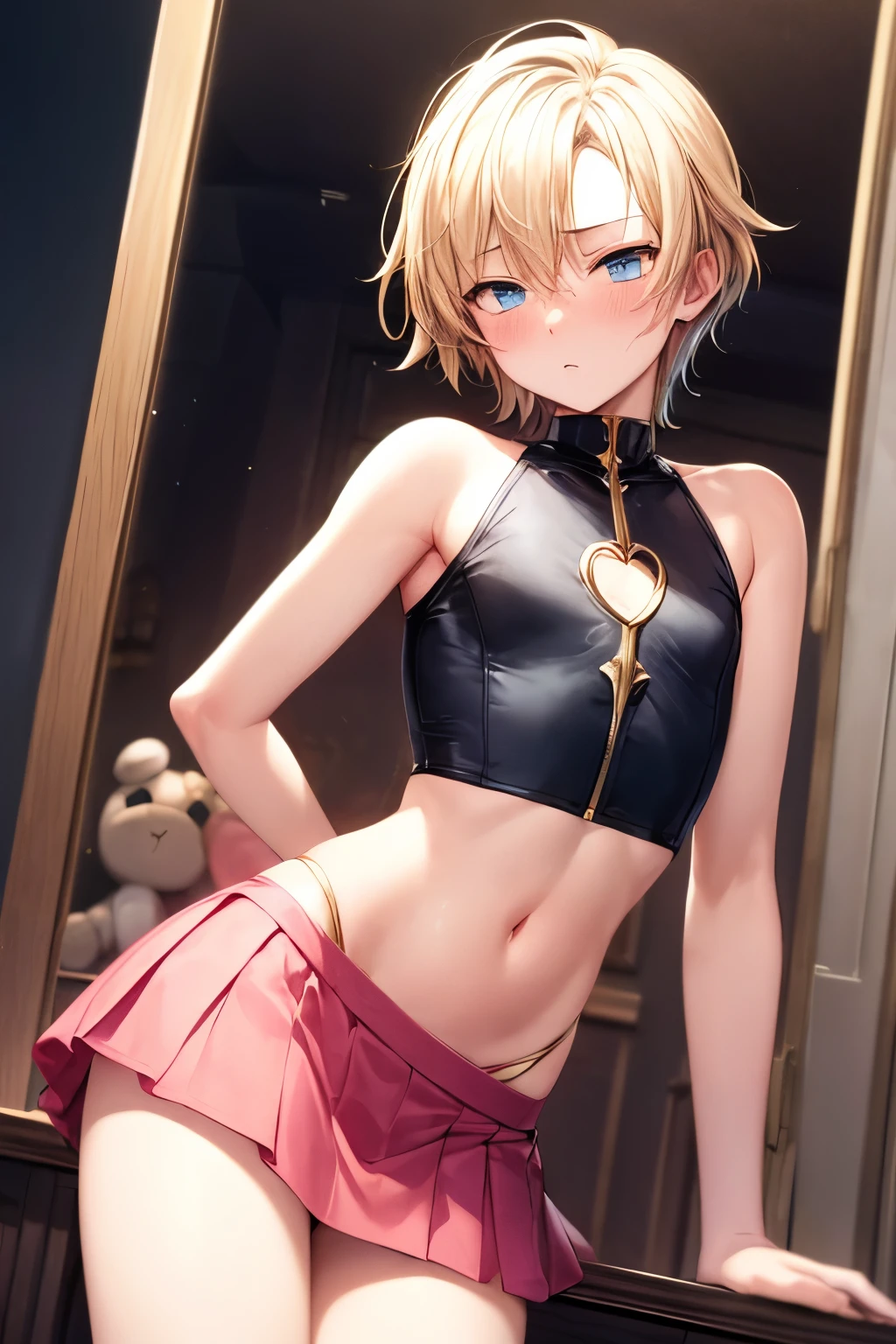 (Highest quality:1.1), (masterpiece:1.4), (Absurd:1.0),
One Girl, navel, cleavage,midriff,collar, crop top, torn clothes、 spiked collar, Medium chest、Looking at the audience、Bedroom、(blush:1.2)、Happy expression、(((Short leggings)))、(Showing pantieicro Mini Skirt))、((High heels))、Blonde、Long gloves