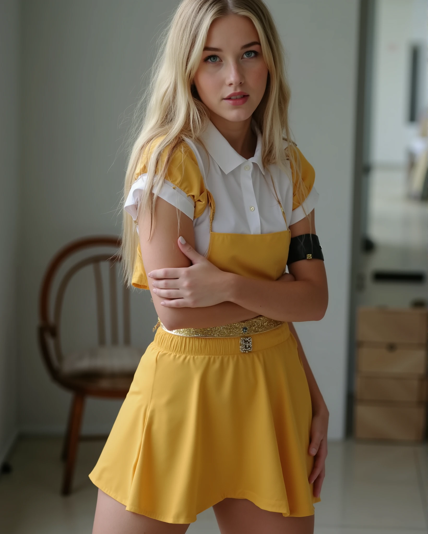 blonde light blue eye, glamorous photography , (full body), (in a schoolgirl uniform), luxurious colors,beautifully beautiful blonde, ( half open mouth ), (supersexy), bright natural lighting, bright colors, very high resolution digital image, hair, Thick thighs attractive legs, standing, luxurious shoe, modern short dresses, modern colors shoe, luxurious clothes, showing off her tight ass in clothes