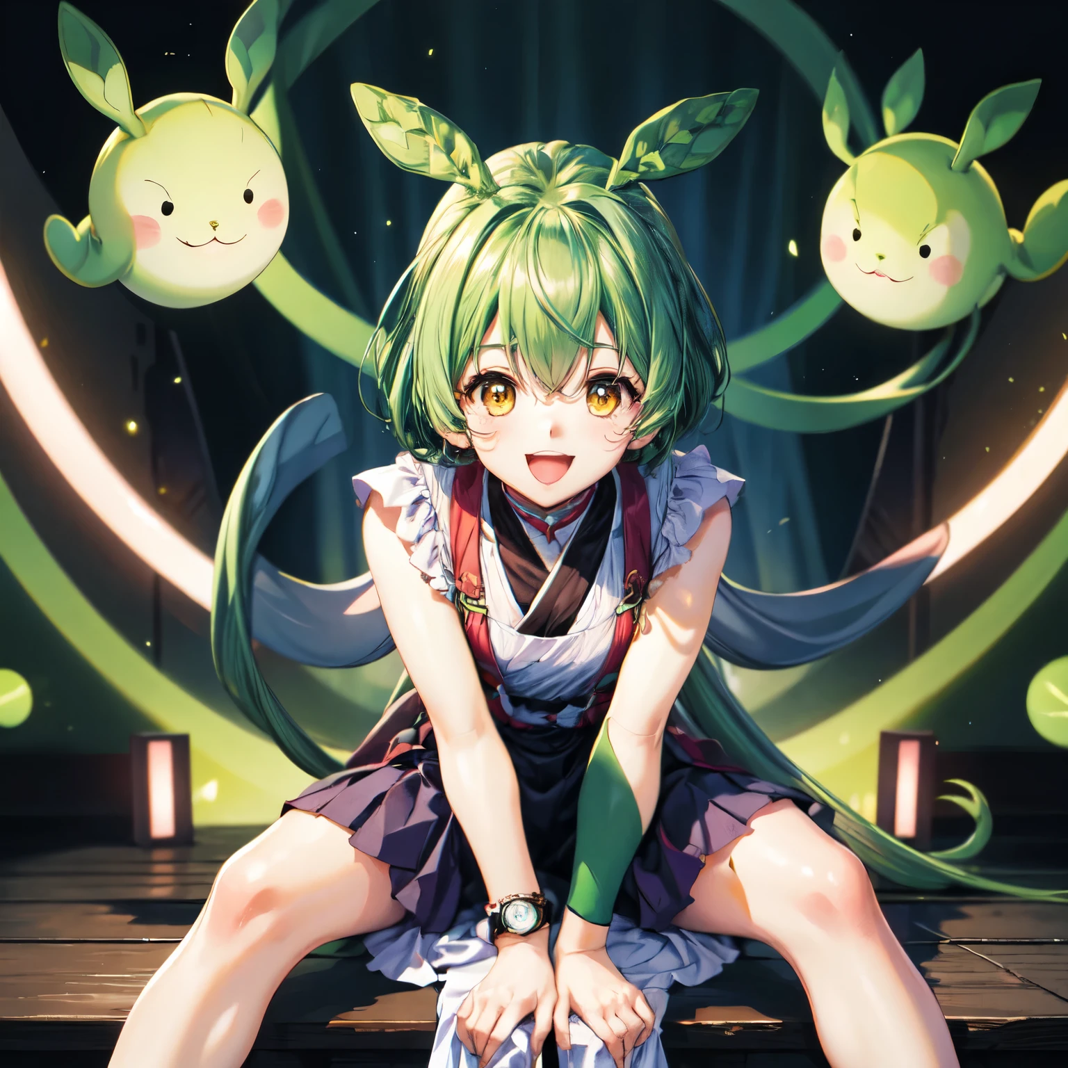 dark green hair, Yellow eyes, sitting,  light particles,  watch the audience,high resolution, gaze,  blushes, smiles, open their mouths, shortcuts, Highest quality, 