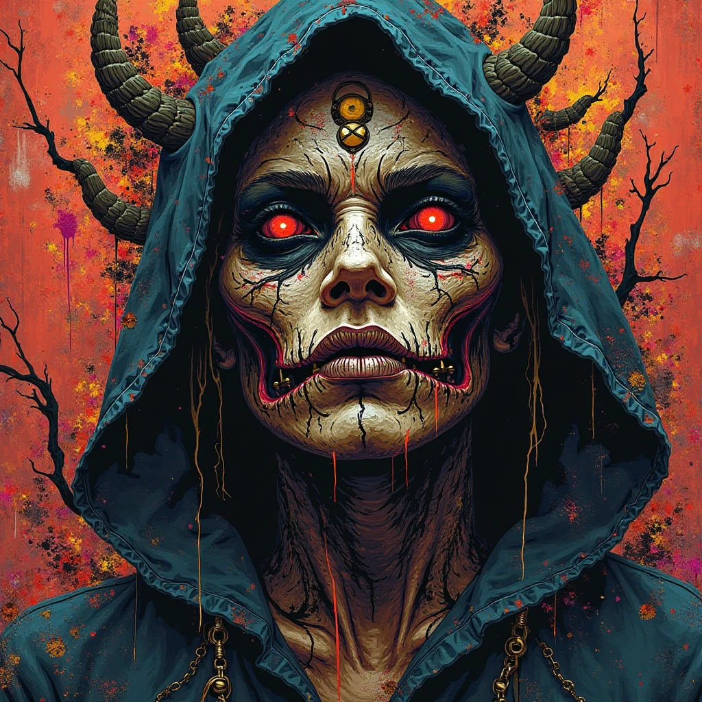((masterpiece:1.4 best quality:1.2))Zombie, black hair,  psychedelic, spiral,  vintage horror, dreadlocks, skulls, artwork portrait, adam hughes.