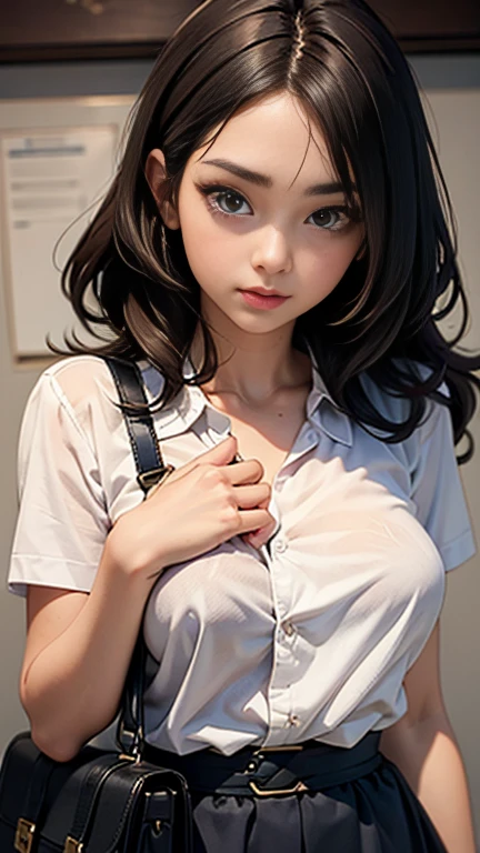 (master part, best quality), (NSFW:0.2), (Menina branca bonita), (Sardas:1.1), (pequeno:1.2), vestindo camisa cropped, saia, (Pose sugestiva), saque no espectador, (hair braids), nipslip