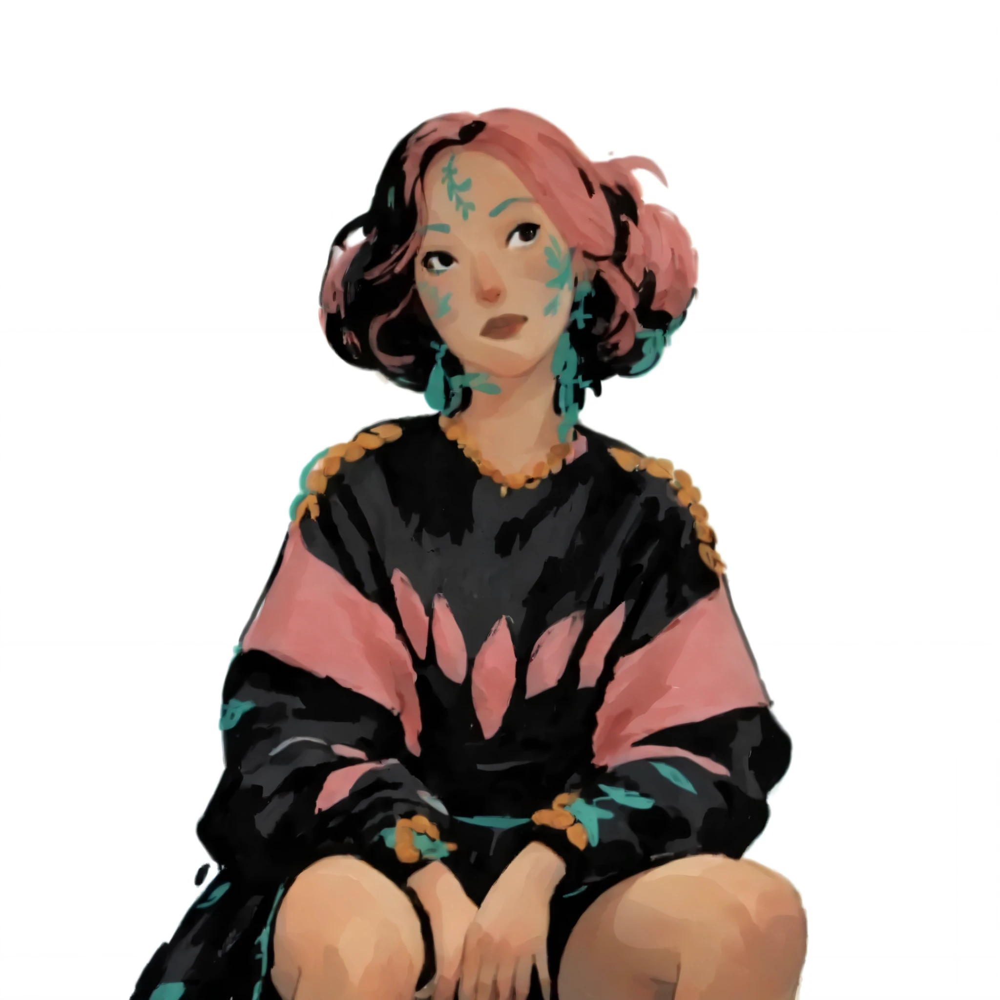 score_9, score_8_up, score_7_up, score_6_up, score_5_up, score_4_up, 1_woman, sitting, pale skin, long_hair, wearing a vibrant long peasant medieval dress, detailed clothing, sketches, detailed thick gouache painting, illustration, in gougoupaintleaves style:1.5, hyper_dynamic scene, pov from above, sattan style, XLCOMIC_POS