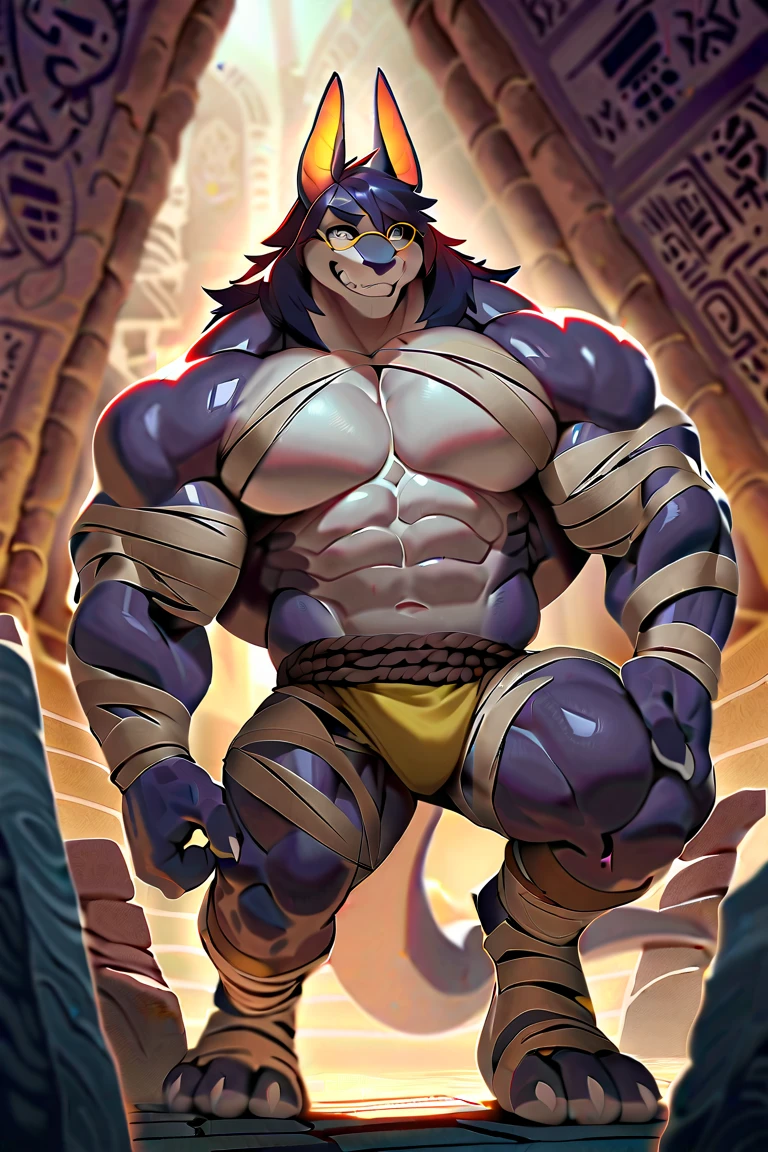 Male cheetah, anthropomorphic, medium build, athletic build, chaps, puple underwear, purple eyes, purple hair, hands on hips