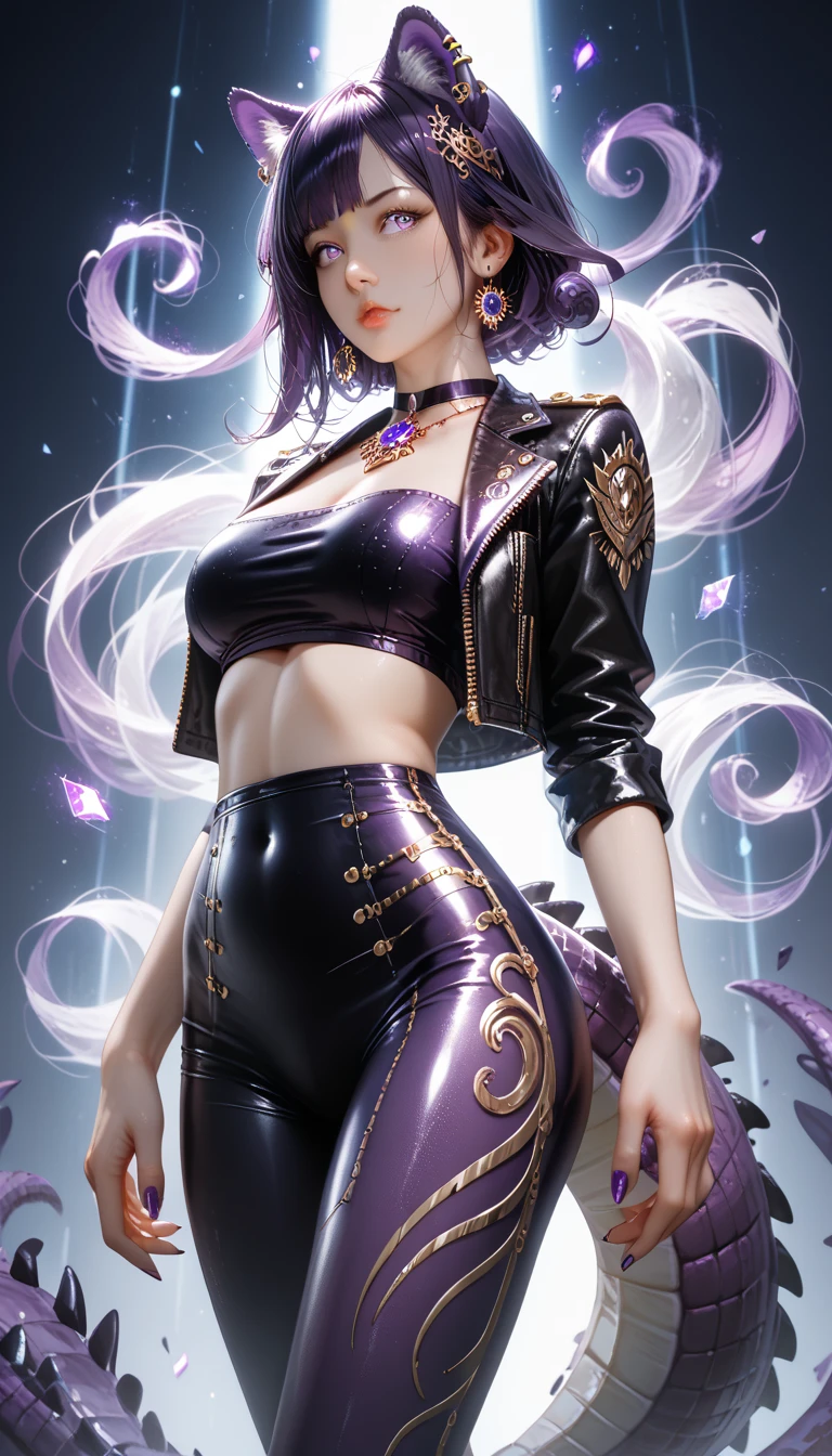 (1 girl:1.3),Alone,__body parts__, official art, unity wallpaper 8k, ultra detailed, Closeup on face, beautiful and aesthetic, gorgeous, masterpiece, Best Quality, fantastic atmosphere, Soothing palette, calm mood, soft shading, miko priestess, charm spell, family talisman, priestess duties, dark aesthetic, Suit and tie with black leather shorts with many chains around the body and a black leather jacket., The city of Tokyo in the background, (short messy purple hair), put her in a psychology gown