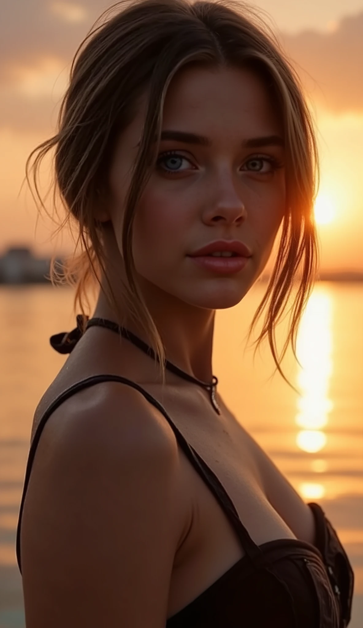 🌟 quality & silent: whole head down to below the chest, three sided view, masterpiece, 8k, ultra high resolution, hyperrealistic, very detailed, natural lighting, SLR lighting, SLR camera , Fujifilm XT3, film grain, Sharp concentration, perfect lighting. 🌌 Scene & background: different backgrounds: A romantic sunset on the beach, with warm,  golden hues . A dark, mysterious forest with moonlight, that falls through the trees. A luxurious Bedroom with candlelight and silky curtains. Ein urbaner background mit Neonlichtern und regennassen Straßen. 😈 model & Styling:  wild girl, black short hair, bow in hair, different hairstyles such as ahoge, quin tails, tri tails, pixie cut, expressive hair, single sidelock, hair pulled back, french braid, blunt bangs, streaked hair, flattop , which in various Poses fall loose or styled are,  and bright blue eyes , glowing blue eyes,  She is wearing a lightweight , leather corset with deep neckline. 🔥 Pose & Mood: Different sensual facial expressions:  she looks directly at the camera , with a seductive smile and half-closed eyes. She opens her lips slightly, with a playful and tempting look. She tilts her head slightly to the side, with a dreamy and sensual expression. She looks over her shoulder, with a mysterious and intense look. Die Mood ist sinnlich, seductive and full of emotions. 💋 