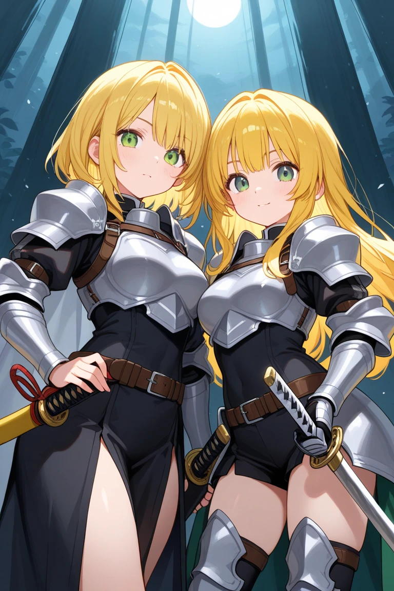 1 Knight in armor, feminine, big , Mediovale, blondie hair, Medium hair, blue colored eyes, Red lips, fully body