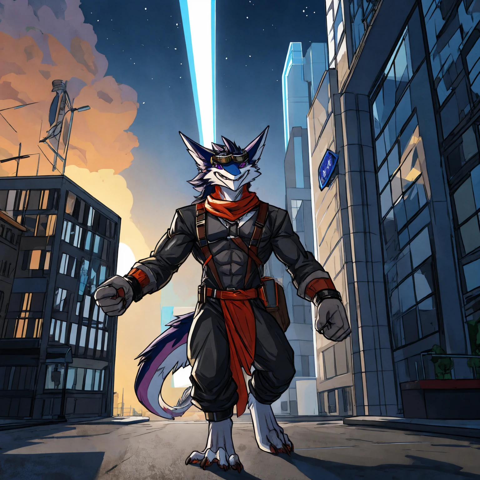 Furry, adult, grey raccoon, spiked brown hair, Detailed body fur, blue eyes, black loincloth, no underwear, tribal red cape, red scarf, goggles, metal cuffs on wrists, metal cuffs on ankles, standing, hands behind head, masterpiece, no blush, sly expression, gray body hair, Detailed face, big eyebrows, detailed eyes, Detailed body, No muscles, city skyline, Detailed hands, Flat body, Skinny, Claws have three toes, Claws have five fingers, Detailed paws, no shadow, high resolution