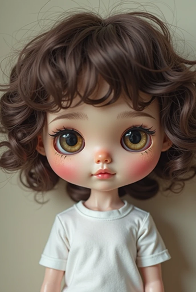 Blythe doll with curly hair, coffee brown eyes, curly bangs and thick lips