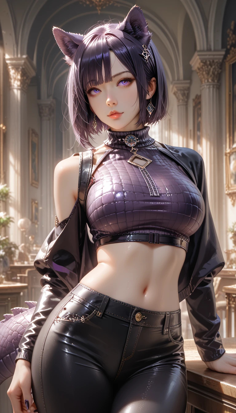 Best Quality,High resolution,8k,(plain white background, no patterns, no textures, just a plain white background:1.3),Masterpiece:1.2),beautiful girl,Big Breasts,(Glossy, deep purple hair:1.3),bob cut,Beautiful purple eyes,A girl wearing a black leather jacket with metal studs, ripped jeans, and a band T-shirt, embodying a rebellious punk rock style,Gentle look,A refreshing look,smile,Best quality,Best Quality,Aesthetic and aesthetic:1.2,Best details((Super detailed))(High-definition CG illustrations),Slender body,smile,blush,cute,Scrounge,Looking up,Being spoiled,super model