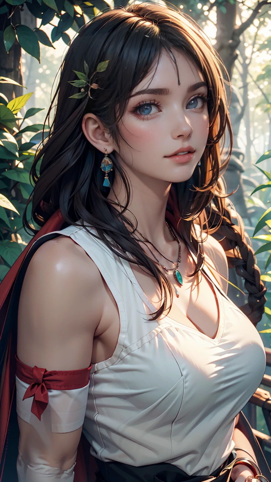 mj3d style,3dmm,3d,(masterpiece, Best Quality:1.1), Ghibli style, Mr. Miss. (Mononoke Hime ), 1 girl, Armlet, bungs, black hair, black under shirt, chest, cape, circlet , earrings, makeup, floating hair, forest, fur cape, green eyes,  jewelry, watch viewers, medium chest, nature, necklace, outdoor, parted bungs,  shirt, short hair, sleeveless, sleeveless  shirt, Alone, tooth necklace, tree, upper body, white  shirt