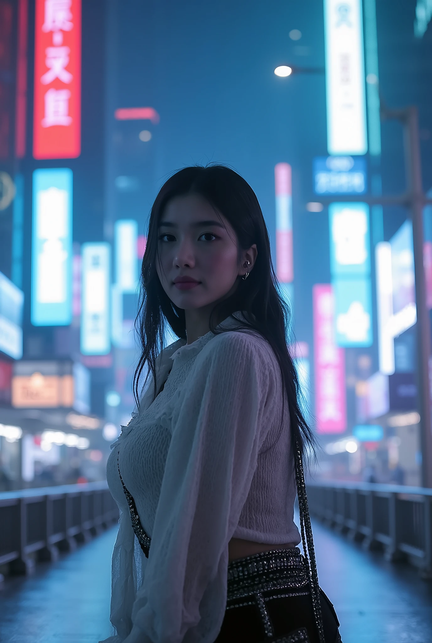 editorial photography,super detailed background,Super realistic,double exposure,depth of field,beauty super slender skinny vides,soft_focus tone,narrative scene,full-body_shot,oriental superstarcyberpunk,Nighttime entertainment district illuminated with neon lights, happy, smiling expression on face