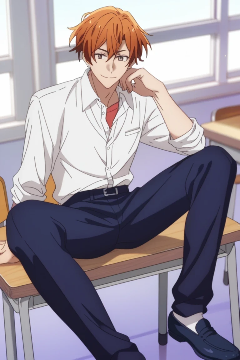 man, un man, short hair, orange hair brown eyes , navy blue school pants, white school dRess shiRt, Arrogant smile, Allow posture in a classroom, Sitting on a school bench, Anime by Sasaki Shummei, open legs , dark brown school shoes