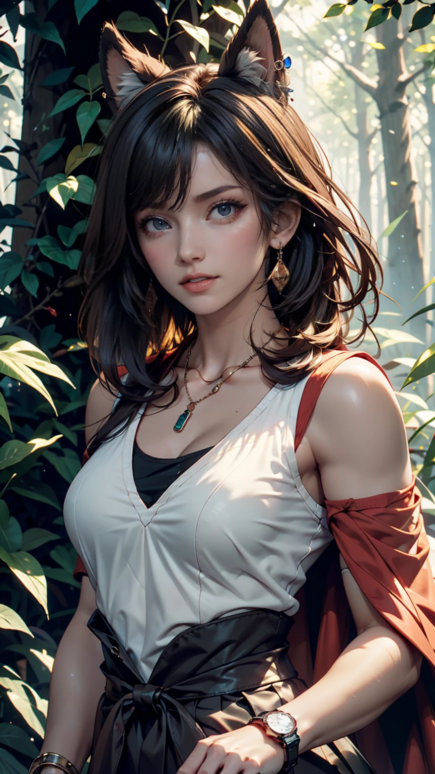 Beautiful American white woman、Dark Blonde、semi-long、Her hair is tied in a bun with a scrunchie、My hair is wavy、blue eyes 、slender、Out of focus background of open grassland in a forest、The sunlight filtering through the trees is beautiful.、smile、looking at the camera、slenderでありながら胸が大きく均整の取れた身体、Posing like a model、There must be headroom、Very high definition、Wearing a black high-necked sleeveless top、My chest is popping out