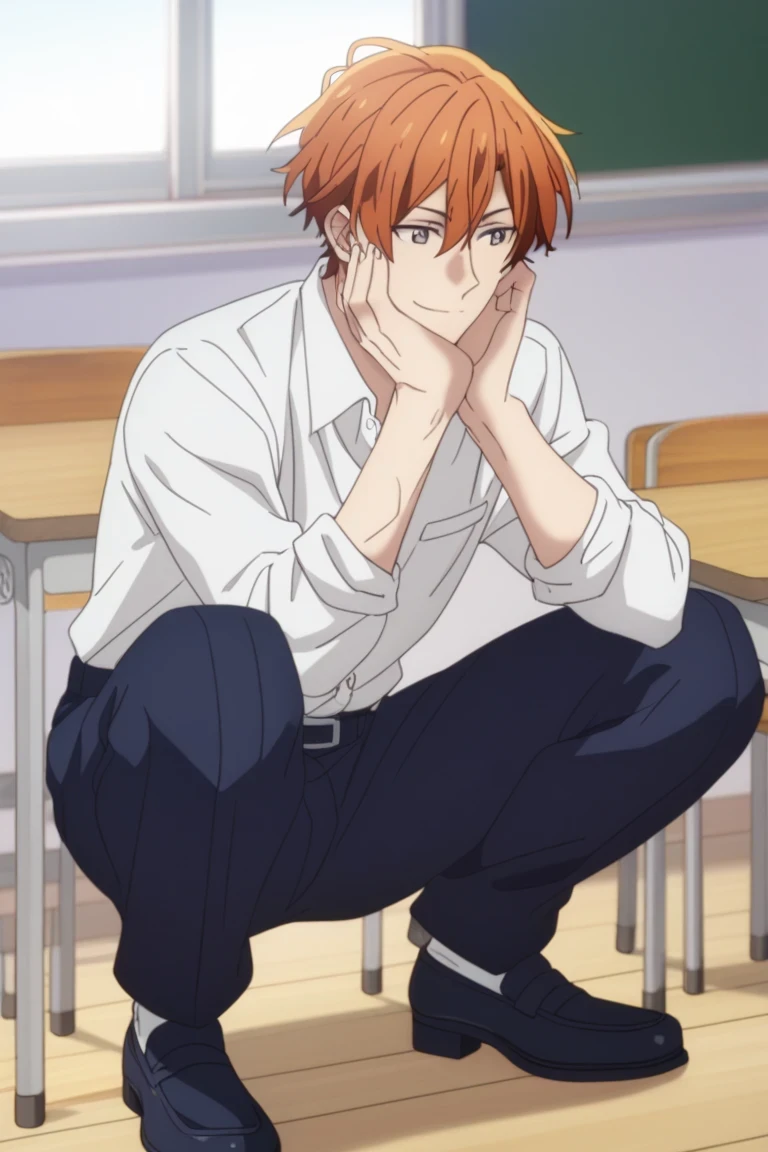 man, un man, short hair, orange hair, brown eyes , navy blue school pants, white school dRess shiRt, Arrogant smile, squatting posture, En cuclillas, in a classroom, Sit on the classroom floor, Anime by Sasaki Shummei, squatting posture
