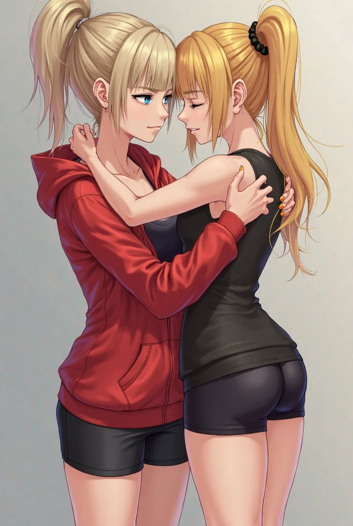 "(2 women kissing, Sakura kissing Ino, ino is blonde), sleeveless sexy spandex workout clothes, very sweaty, training, small breasts, yuri:1.4, provocative, scene background with hyper details, Konoha village.", perfect anatomy, perfect arms, perfect hands,