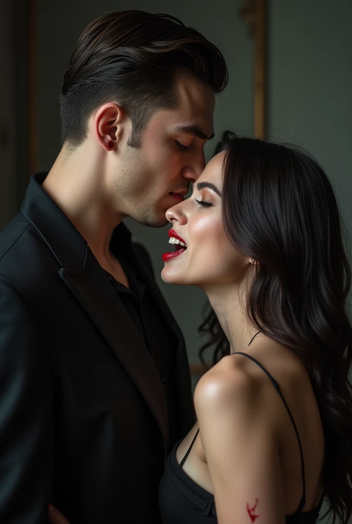 Mafia demonic couple passionately kissing with a crow integrated