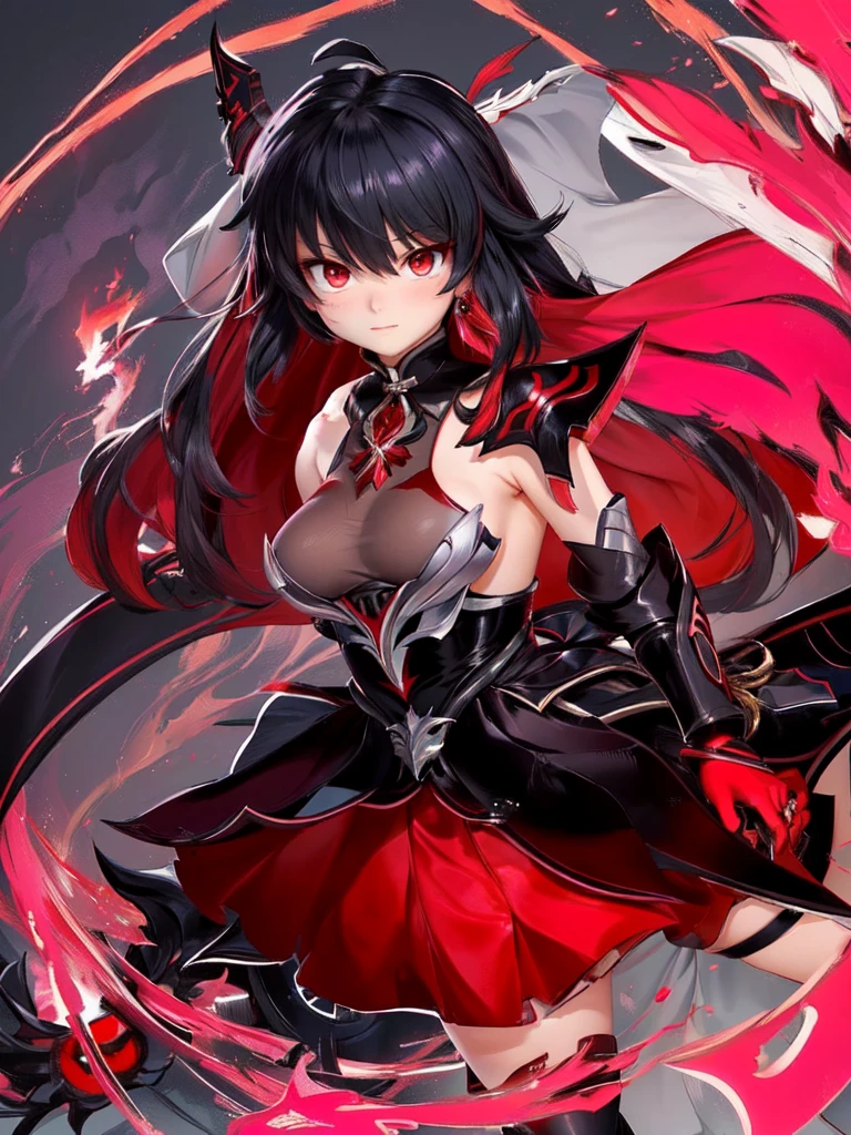 1girl, black hair, neko ears, red eyes, playing with her loose clothes, bare shoulders, blood, light particles, light rays, wallpaper, high contrast, colorful, black cat tail, sexy cat pose with a pow up, scenery, anime, smirk