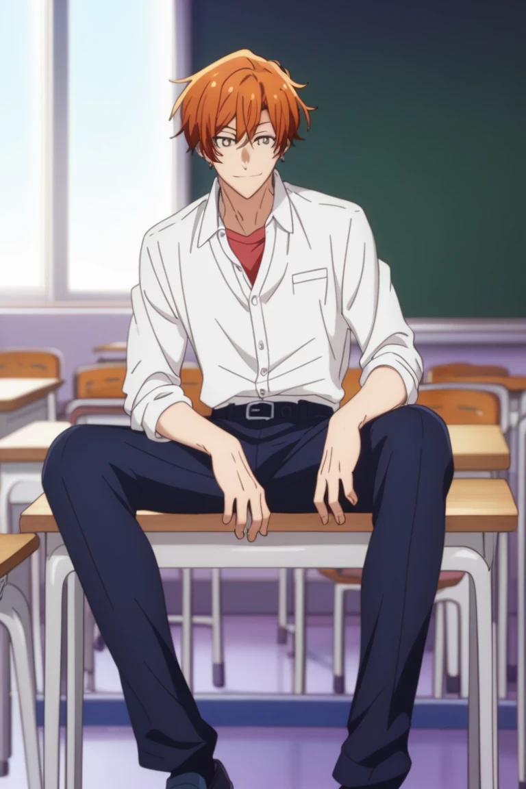 man, un  man, short hair, orange hair brown eyes , navy blue school pants, white school dRess shiRt,    Arrogant smile,  Allow posture in a classroom, Sitting on a school bench, Anime by Sasaki Shummei, open legs , dark brown school shoes