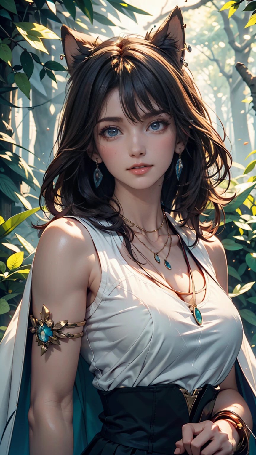 mj3d style,3dmm,3d,(masterpiece, Highest quality:1.1), Ghibli style, Mr. Miss. (mononoke hime), One girl, Bracelet, bangs, Black Hair, black undershirt, chest, Cape, Circlet, Earrings, Face Paint, Floating Hair, forest, fur Cape, Green Eyes, jewelry, View your viewers, medium chest, nature, necklace, Outdoor, parted bangs, shirt, short hair, No sleeve, No sleeve shirt, alone, tooth necklace, wood, Upper Body, white shirt