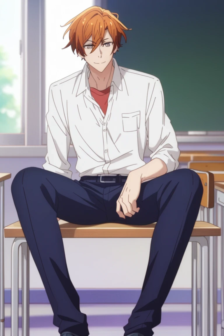 man, un  man, short hair, orange hair brown eyes , navy blue school pants, white school dRess shiRt,    Arrogant smile,  Allow posture in a classroom, Sitting on a school bench, Anime by Sasaki Shummei, open legs , dark brown school shoes